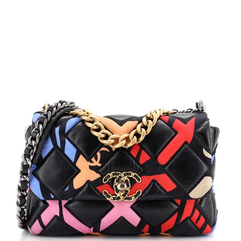 Chanel 19 Flap Bag Quilted Lambskin and Printed Silk Medium: Measurements: Height 6.5", Width 10", Depth 3.5" . Condition: Pre-owned - Good,Brand: Chanel,Exterior Material: Leather, Silk,Style: Shoulder Bags,Exterior Color: Black,Department: Women,Size: Medium