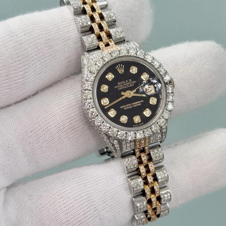 Rolex Ladies Datejust 69173 Iced Out Diamond Case Bezel Band Dial 18k Gold Steel - 2