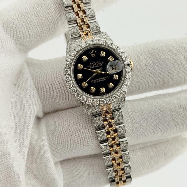 Rolex Ladies Datejust 69173 Iced Out Diamond Case Bezel Band Dial 18k Gold Steel - 5