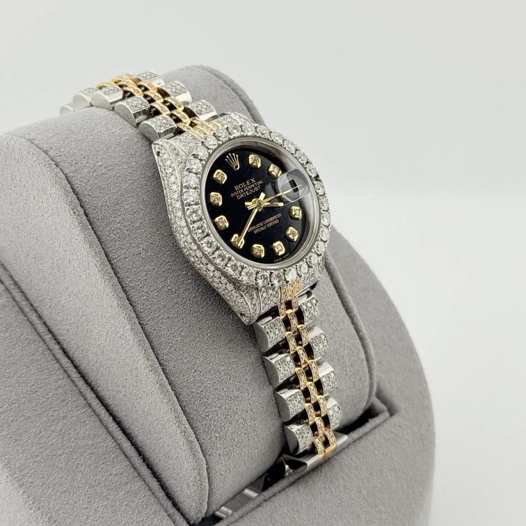 Rolex Ladies Datejust 69173 Iced Out Diamond Case Bezel Band Dial 18k Gold Steel - 6