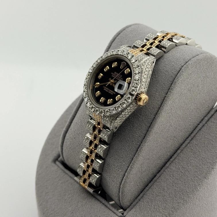 Rolex Ladies Datejust 69173 Iced Out Diamond Case Bezel Band Dial 18k Gold Steel - 7