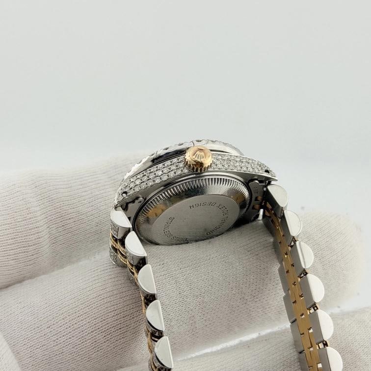 Rolex Ladies Datejust 69173 Iced Out Diamond Case Bezel Band Dial 18k Gold Steel - 9