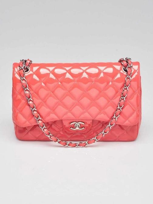 Chanel Pink Quilted Patent Leather Classic Jumbo Double Flap Bag: Measurements: 12" L x 3.5" W x 8.25" H. Condition: Pre-owned - Good,Brand: Chanel,Exterior Material: Leather,Style: Everyday Bags,Exterior Color: Pink,Department: Women,Country of Origin: Italy