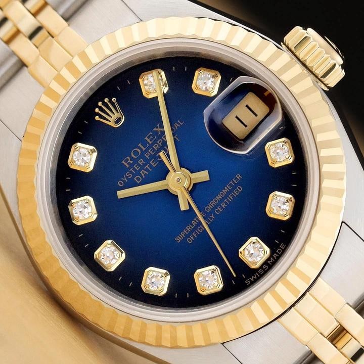 ROLEX DATEJUST 69173 BLUE VIGNETTE FACTORY DIAMOND 18K GOLD STEEL NO HOLES WATCH: Condition: Pre-owned - Excellent,Department: Women's,Brand: Rolex,Style: Dress/Formal, Luxury, Luxury: Dress Styles,Features: 12-Hour Dial, Chronometer, Sapphire Crystal, Screwdown Crown, Seconds Hand