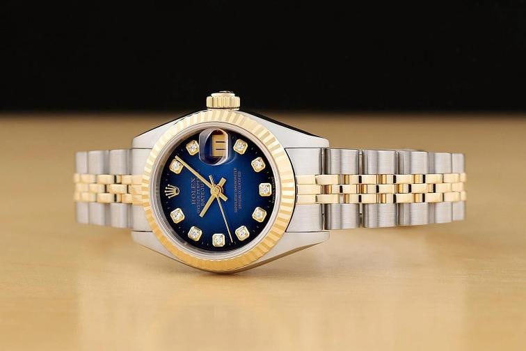 ROLEX DATEJUST 69173 BLUE VIGNETTE FACTORY DIAMOND 18K GOLD STEEL NO HOLES WATCH - 2