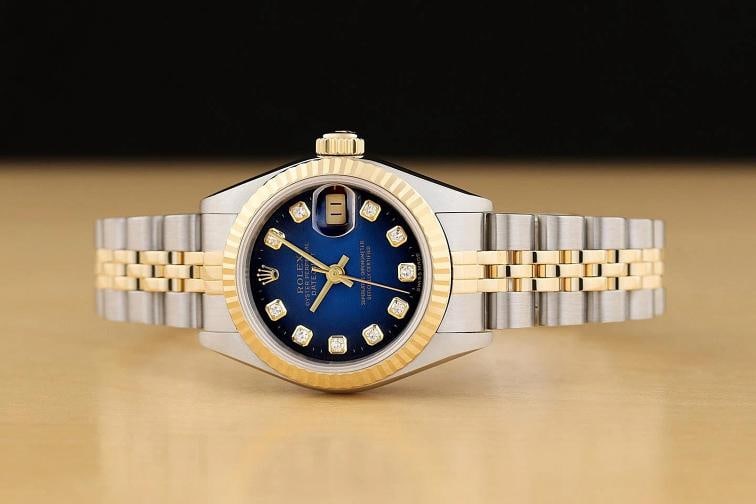 ROLEX DATEJUST 69173 BLUE VIGNETTE FACTORY DIAMOND 18K GOLD STEEL NO HOLES WATCH - 3