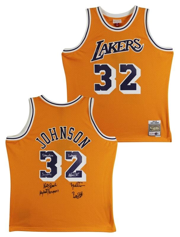 Showtime Lakers (6) Johnson, Worthy, Rambis +3 Signed Yellow M&N Jersey BAS Wit: Player: Magic Johnson, James Worthy, Kurt Rambis, Michael Cooper, Mychal,Product: Jersey,Original/Reprint: Original,Autograph Authentication: Beckett,Team: Los Angeles Lakers,PRODUCT_COA:
