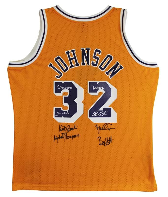 Showtime Lakers (6) Johnson, Worthy, Rambis +3 Signed Yellow M&N Jersey BAS Wit - 2