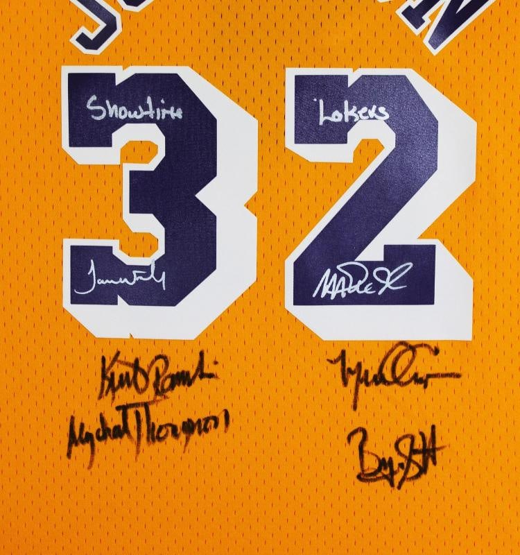 Showtime Lakers (6) Johnson, Worthy, Rambis +3 Signed Yellow M&N Jersey BAS Wit - 3