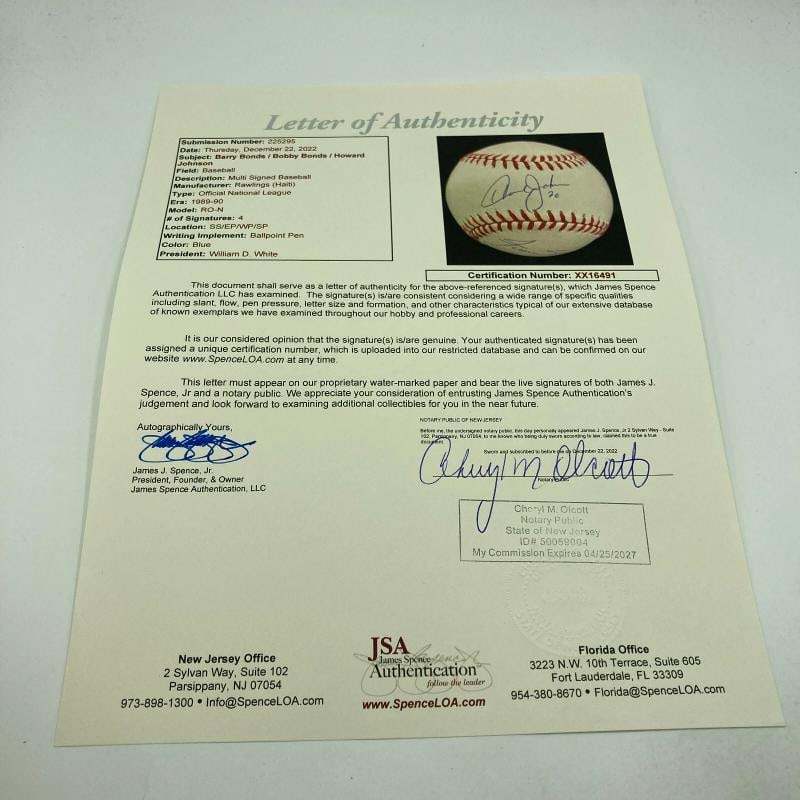 Willie Mays Barry Bonds & Bobby Bonds Signed National League Baseball JSA COA - 4