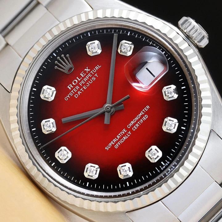 ROLEX MENS DATEJUST 18K WHITE GOLD STEEL RED VIGNETTE DIAMOND 1601 WATCH: Condition: Pre-owned - Excellent,Bezel Color: Silver,Max Wrist Size: 7.26-7.5 in,Number of Jewels: 26 Jewels,Indices: Diamond Markers, 12-Hour Dial,Bezel: Rolex 18K White Gold Fluted Bezel,Band/Strap:
