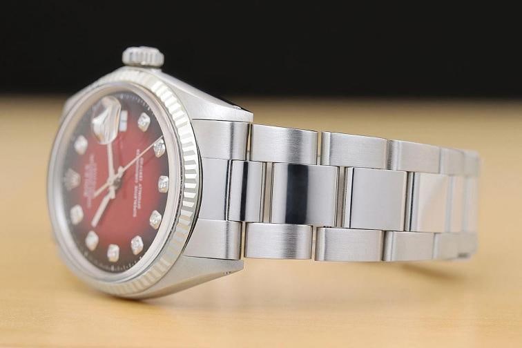 ROLEX MENS DATEJUST 18K WHITE GOLD STEEL RED VIGNETTE DIAMOND 1601 WATCH - 4