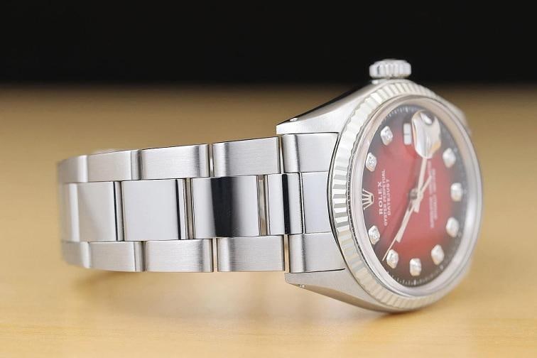 ROLEX MENS DATEJUST 18K WHITE GOLD STEEL RED VIGNETTE DIAMOND 1601 WATCH - 7