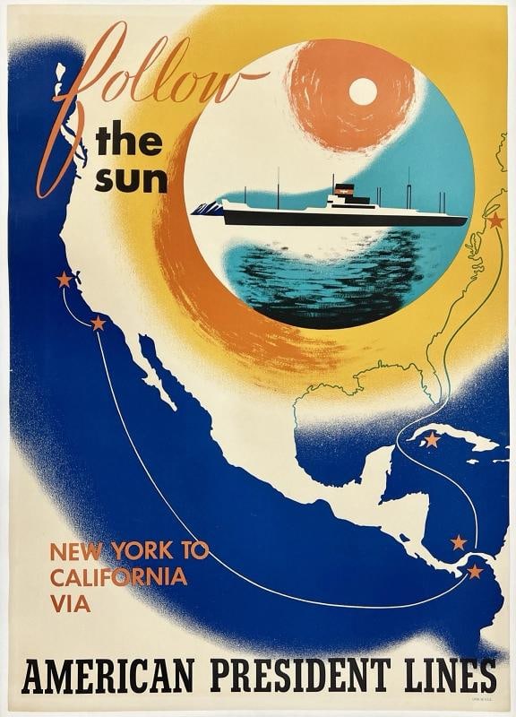 Original Vintage Poster FOLLOW THE SUN - AMERICAN PRESIDENT LINES Travel LINEN (1 of 5)