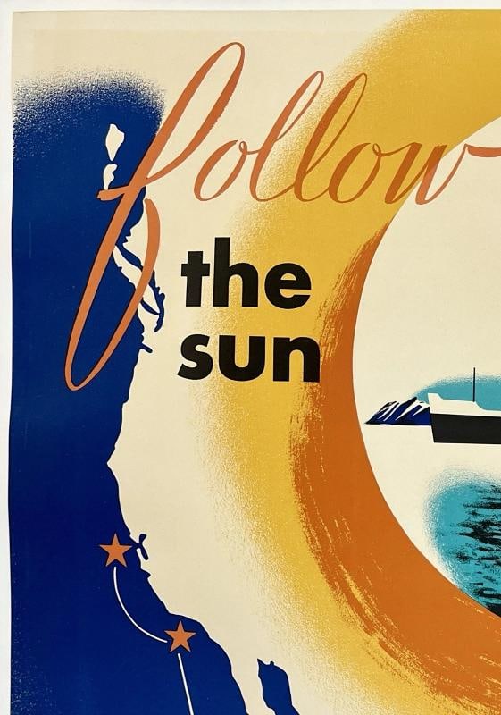 Original Vintage Poster FOLLOW THE SUN - AMERICAN PRESIDENT LINES Travel LINEN - 2