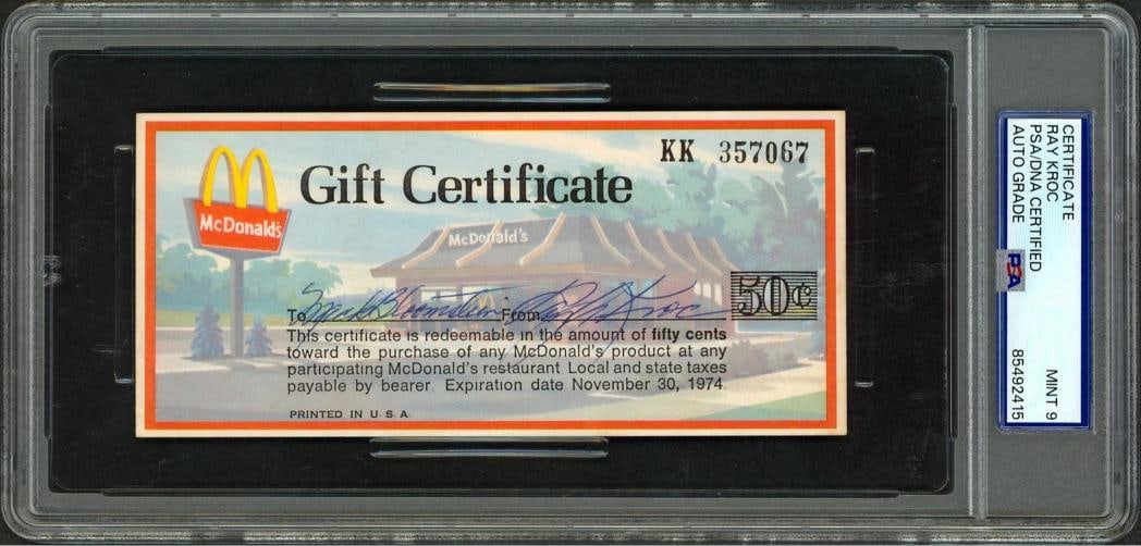 Ray Kroc McDonald's Signed 2.75x6 50 Cent 1974 Gift Certificate Auto 9! PSA Slab: Condition: Used: An item that has been used previouslynUsed: An item that has been used previously.b,Autograph Authentication: PSA,Original/Reproduction: Original,PRODUCT_COA: PSA,PRODUCT_SIGNED_BY_NA