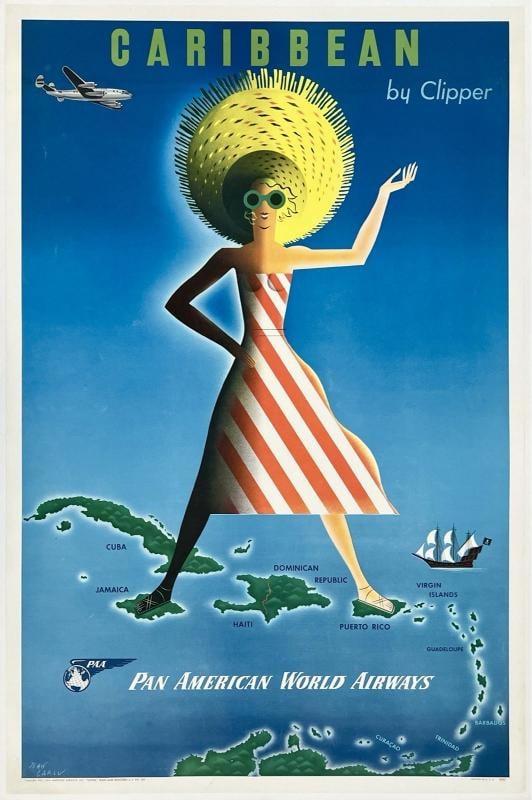 Original Vintage Poster PAN AM - CARIBBEAN BY CLIPPER Airline Travel Tourism OL: Dimensions: 27.6 x 41.8 in. / 70 x 106.2 cm.; Circa: 1954 Original vintage "CARIBBEAN BY CLIPPER - PAN AMERICAN WORLD AIRWAYS" airline travel poster, plate signed by its artist, JEAN CARLU, and printe