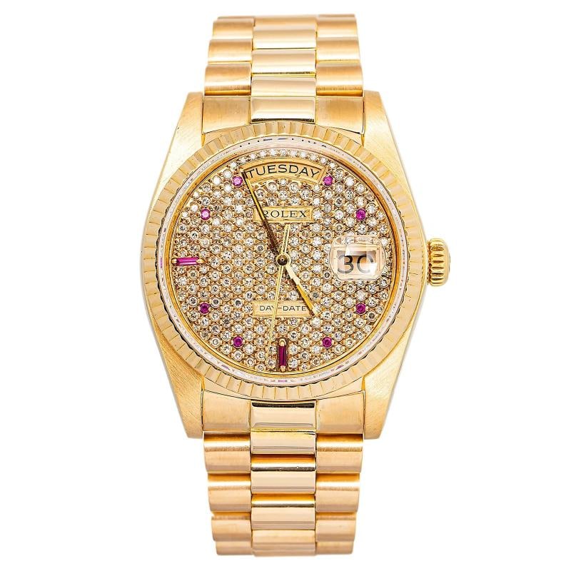 Rolex Day-Date 18038 President YG Factory Diamond Dial Index Auto 36mm: Case Size 36mm Wrist Fit 19mm Box No Papers No Condition Ã¢â‚¬â€ Excellent Full Specifications SKU Rolex#3963 Brand Rolex Model Day-Date Reference 18038 Cust