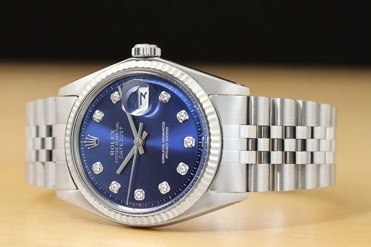 MENS ROLEX DATEJUST 18K WHITE GOLD STAINLESS STEEL BLUE DIAMOND DIAL 1601 WATCH - 2