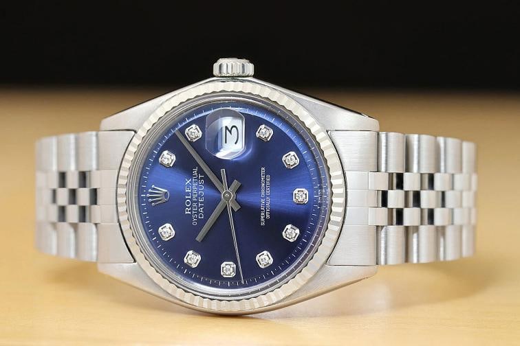 MENS ROLEX DATEJUST 18K WHITE GOLD STAINLESS STEEL BLUE DIAMOND DIAL 1601 WATCH - 3