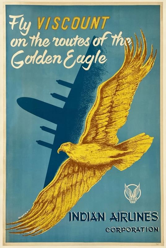 Original Vintage Poster INDIAN AIRLINES VISCOUNT Airline Travel Tourism LINEN: Dimensions: 26 x 39.4 in. / 66 x 100 cm.; Circa: 1950s Original vintage "INDIAN AIRLINES - FLY VISCOUNT ON THE ROUTES OF THE GOLDEN EAGLE" airline travel poster, plate signed by its artist, GRAFIKA,