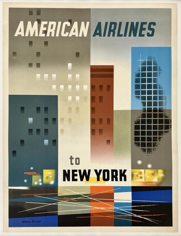 Original Vintage Poster AMERICAN AIRLINES TO NEW YORK Airline Travel LINEN: Condition: Used,Type: Poster,Airline: American,Country of Origin: United States,Modified Item: No Condition: Very Good * (linen backed; minor edge and corner wear and tears; some margin