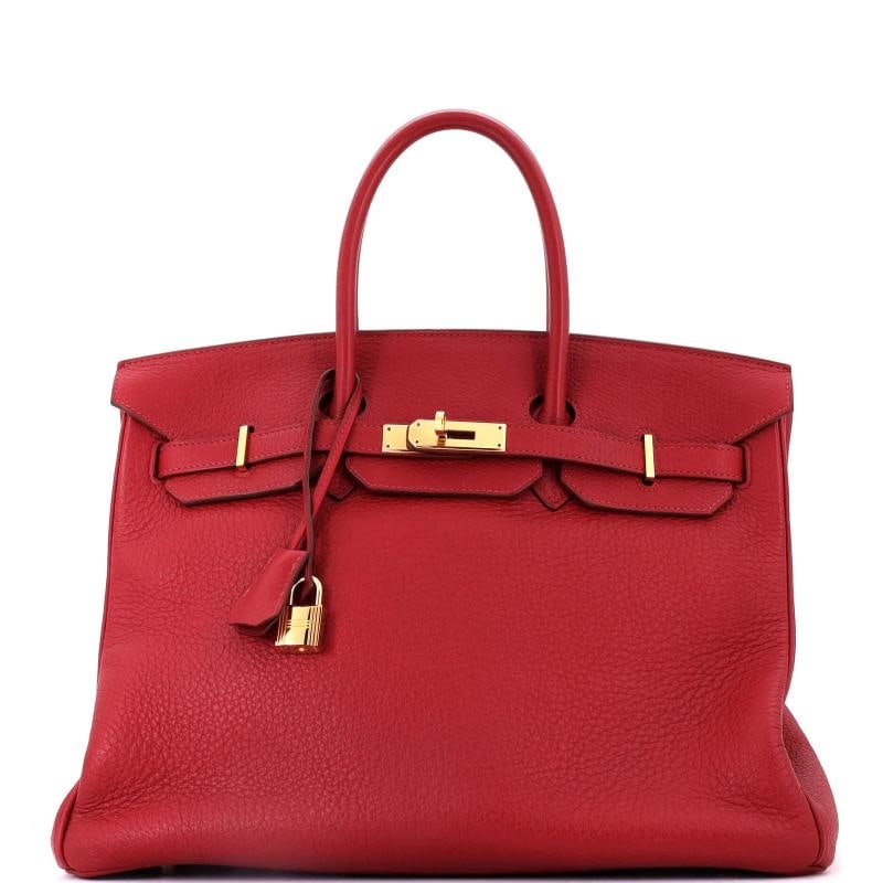 Hermes Birkin Handbag Red Clemence with Gold Hardware 35: Condition: Pre-owned - Good,Brand: Hermes,Exterior Material: Leather,Style: Totes,Exterior Color: Burgundy,Department: Women,Size: 35,Accessories: Lock, Dust Bag, Clochette, Keys
