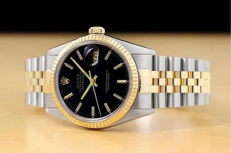 ROLEX MENS DATEJUST 16233 BLACK DIAL 18K YELLOW GOLD STAINLESS STEEL WATCH - 2