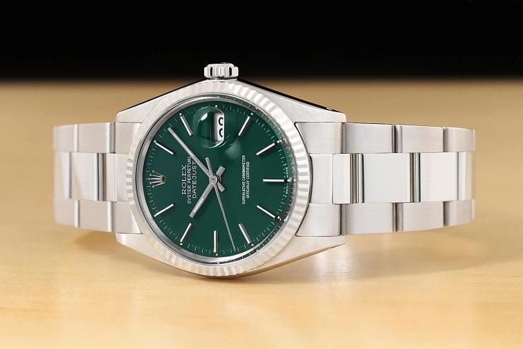 ROLEX MENS DATEJUST 16014 GREEN DIAL 18K WHITE GOLD STEEL WATCH w/ OYSTER BAND - 2