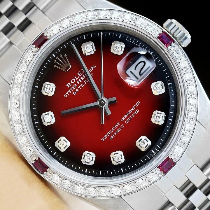 MENS ROLEX DATEJUST 18K WHITE GOLD RUBY DIAMOND BEZEL & STEEL RED VIGNETTE WATCH: Condition: Pre-owned - Excellent,Bezel Color: Silver,Max Wrist Size: 7.26-7.5 in,Number of Jewels: 26 Jewels,Indices: Diamond Markers, 12-Hour Dial,Bezel: Custom 18K White Gold Ruby Diamond Bezel,Band