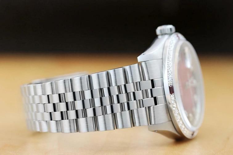 MENS ROLEX DATEJUST 18K WHITE GOLD RUBY DIAMOND BEZEL & STEEL RED VIGNETTE WATCH - 7