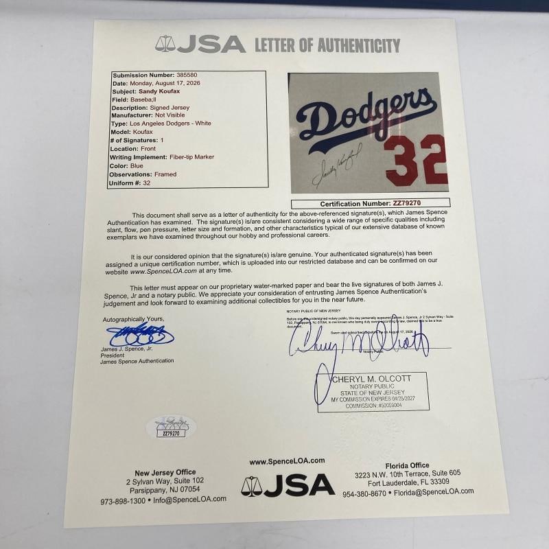 Sandy Koufax Signed Los Angeles Dodgers Jersey Patch Framed Display JSA COA - 2
