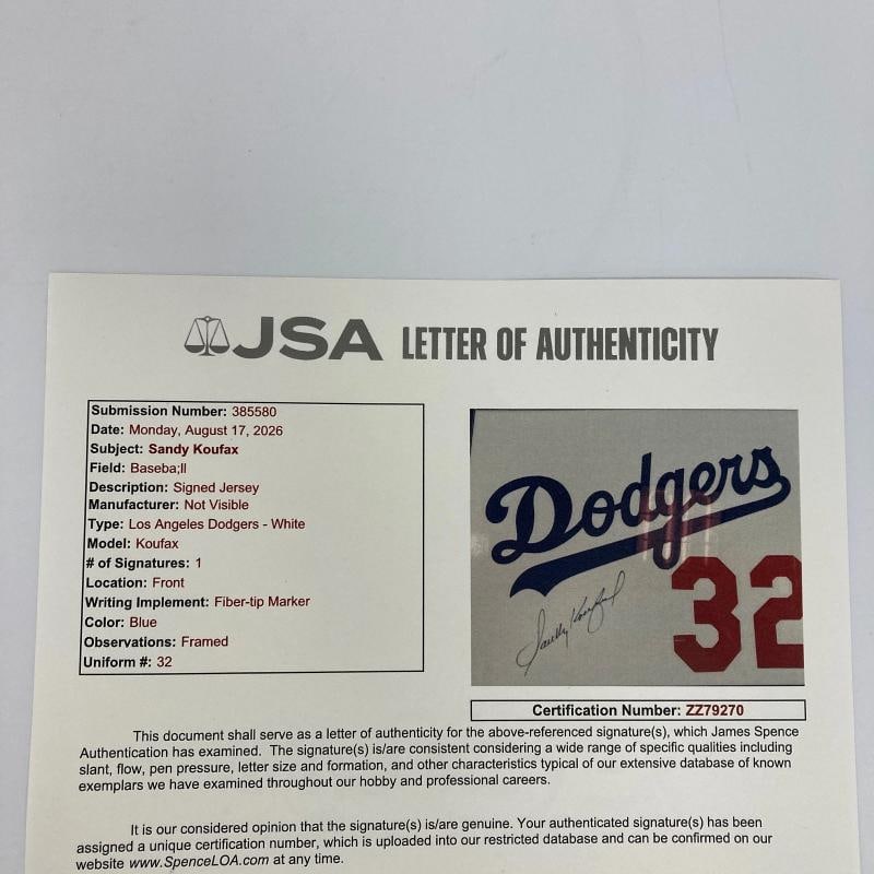 Sandy Koufax Signed Los Angeles Dodgers Jersey Patch Framed Display JSA COA - 6