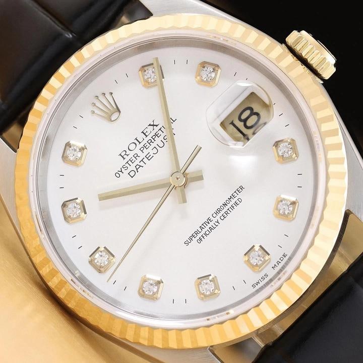 ROLEX DATEJUST 16233 WHITE DIAMOND 18K GOLD STEEL WATCH w/ BLACK LEATHER BAND: This is an authentic Rolex Datejust 16233 watch with Rolex dial Ref. with added diamond markers, Rolex 18K yellow gold fluted bezel, and custom genuine black leather strap. Descriptions: Brand: Rolex 