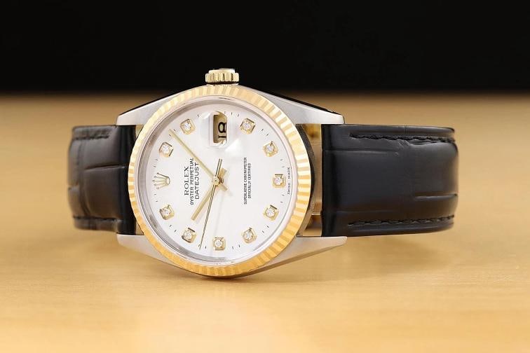 ROLEX DATEJUST 16233 WHITE DIAMOND 18K GOLD STEEL WATCH w/ BLACK LEATHER BAND - 2