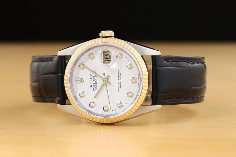 ROLEX DATEJUST 16233 WHITE DIAMOND 18K GOLD STEEL WATCH w/ BLACK LEATHER BAND - 3