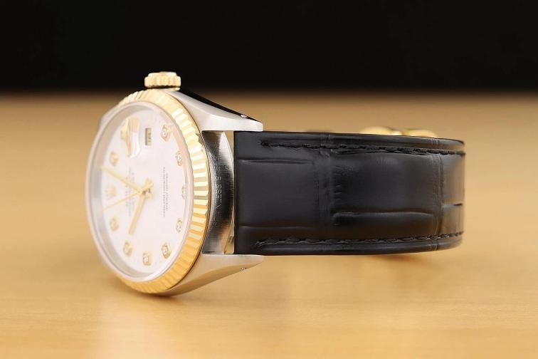 ROLEX DATEJUST 16233 WHITE DIAMOND 18K GOLD STEEL WATCH w/ BLACK LEATHER BAND - 4