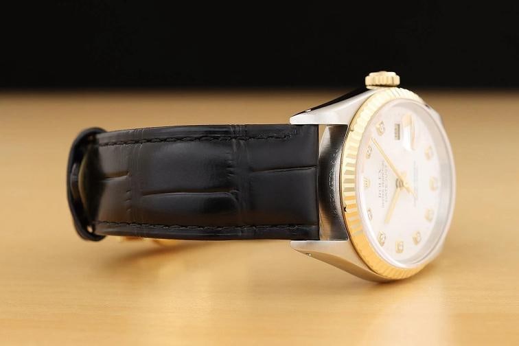 ROLEX DATEJUST 16233 WHITE DIAMOND 18K GOLD STEEL WATCH w/ BLACK LEATHER BAND - 7