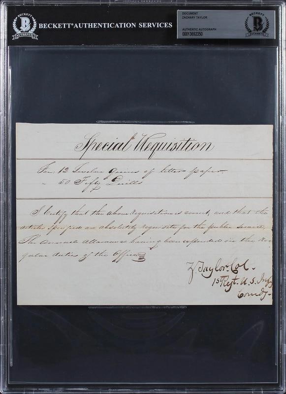 Zachary Taylor Signed 5.5x7.85 1833 Special Requisition Document BAS Slabbed - 4