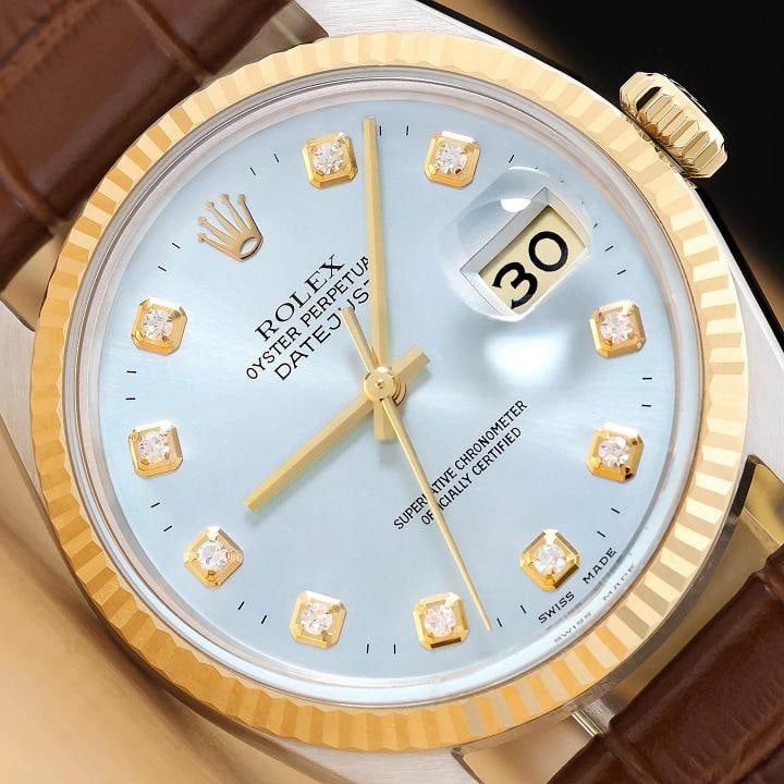 ROLEX MENS DATEJUST 16013 18K GOLD STEEL ICE BLUE DIAMOND WATCH w/ LEATHER BAND: This is an authentic Rolex Datejust 16013 watch with Rolex dial Ref. with added diamond markers, Rolex 18K yellow gold fluted bezel, and custom genuine brown leather strap. Descriptions: Brand: Rolex 