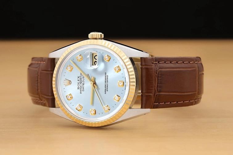 ROLEX MENS DATEJUST 16013 18K GOLD STEEL ICE BLUE DIAMOND WATCH w/ LEATHER BAND - 2