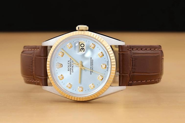 ROLEX MENS DATEJUST 16013 18K GOLD STEEL ICE BLUE DIAMOND WATCH w/ LEATHER BAND - 3