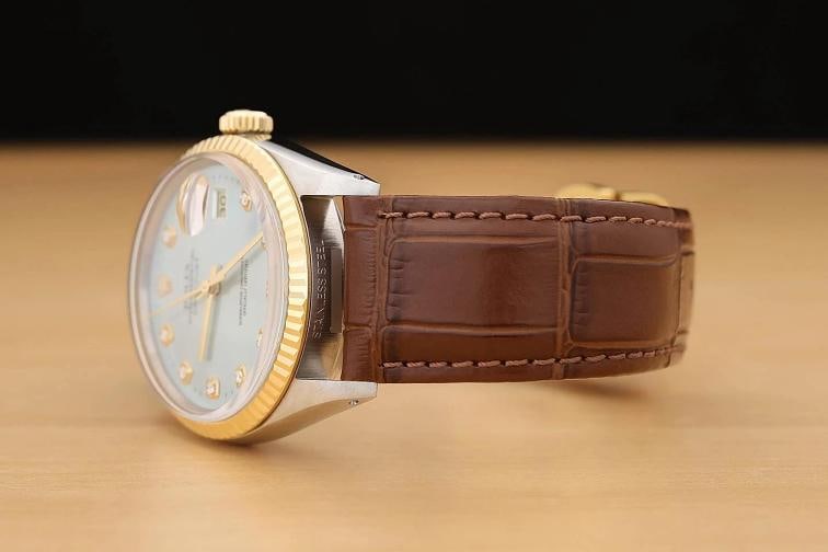 ROLEX MENS DATEJUST 16013 18K GOLD STEEL ICE BLUE DIAMOND WATCH w/ LEATHER BAND - 4