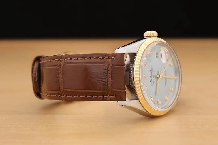 ROLEX MENS DATEJUST 16013 18K GOLD STEEL ICE BLUE DIAMOND WATCH w/ LEATHER BAND - 7