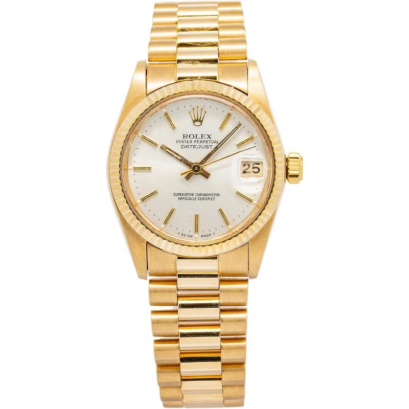 Rolex Datejust M6827/8 Papers President Yellow Gold Silver Index 31mm: Case Size 31mm Wrist Fit 7.25 inches Box No Papers Yes Condition Ã¢â‚¬â€ Good Full Specifications SKU rolex#3499 Brand Rolex Model Datejust Reference M6827/8