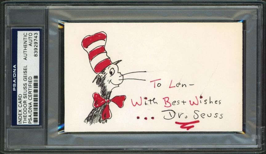 Dr. Seuss "Best Wishes" Signed 3x5 Index Card w/ Cat In The Hat Sketch PSA Slab (1 of 2)
