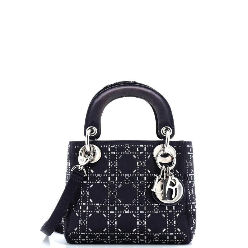 Christian Dior Lady Dior Bag Crystal Embellished Cannage Quilt Satin Mini: Condition: Pre-owned - Good,Brand: Christian Dior,Exterior Material: Satin,Style: Top Handle,Exterior Color: Blue,Department: Women,Size: Mini,Accessories: With Strap