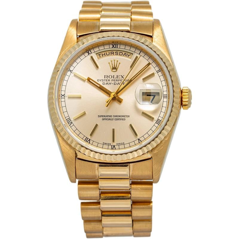 Rolex Day-Date 18238 President Yellow Gold Cream Index 36mm: Case Size 36mm Wrist Fit 6.5 inches Box No Papers No Condition Ã¢â‚¬â€ Excellent Full Specifications SKU Rolex#3694 Brand Rolex Model Day-Date Reference 1823