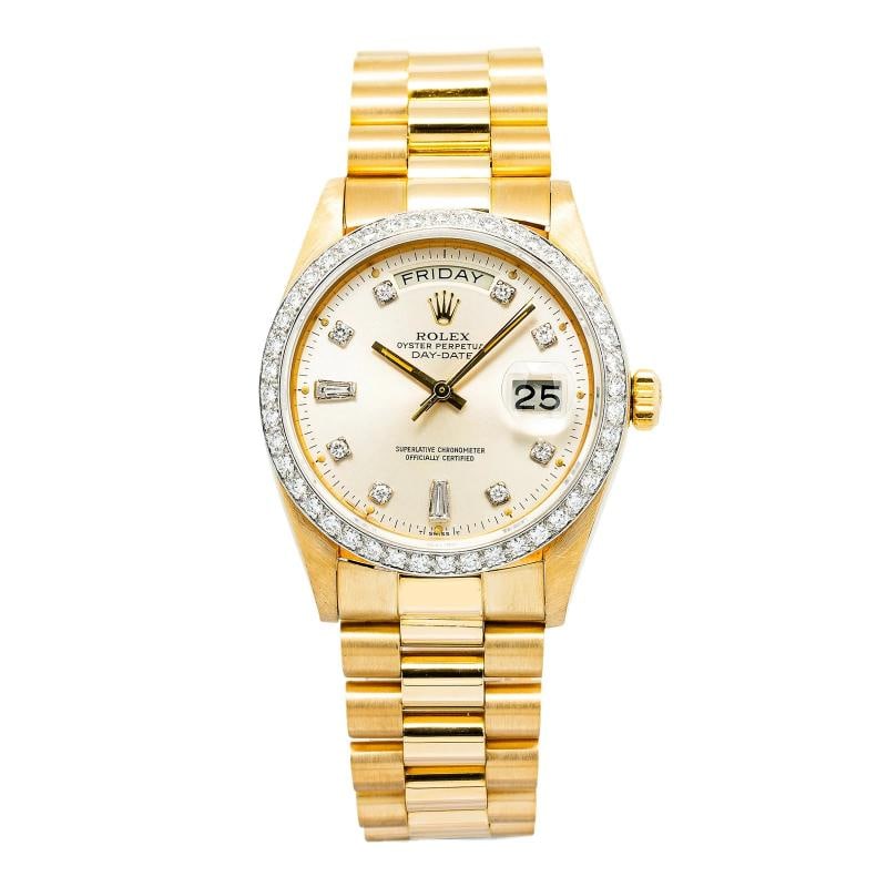 Rolex Day-Date 18038 President Yellow Gold Ivoey Index 36mm: Case Size 36mm Wrist Fit 7.25 inches Box No Papers No Condition Ã¢â‚¬â€ Fair Full Specifications SKU Rolex#3427 Brand Rolex Model Day-Date Reference 18038 Cu