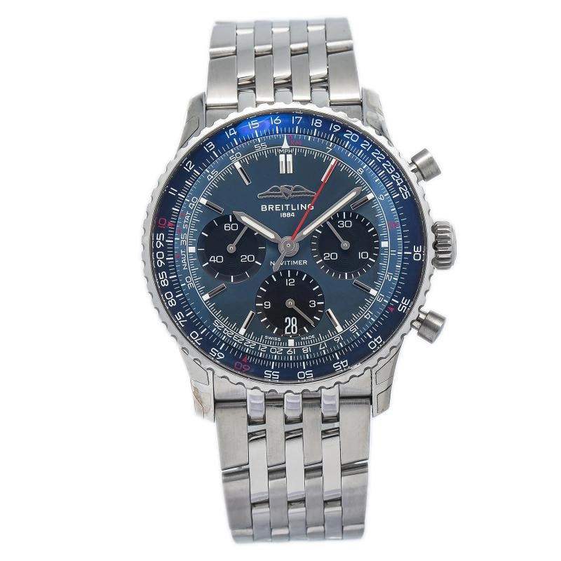 Breitling Navitimer Chrono AB0139 Bracelet Steel Blue Index Auto 41mm: Case Size 41mm Wrist Fit 7.25 inches Box No Papers No Condition Ã¢â‚¬â€ Good Full Specifications SKU BREITLING#536 Brand Breitling Model Navitimer